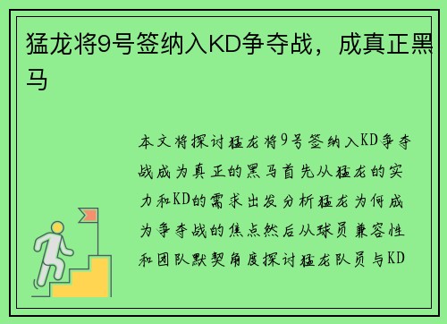 猛龙将9号签纳入KD争夺战，成真正黑马